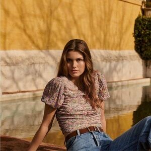 Mango Pink and Green Floral Blouse with Puff Sleeves